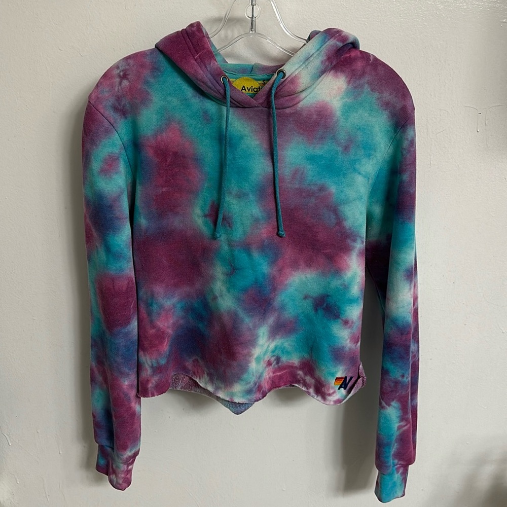 Aviator Nation Cropped Blue and Purple Tie Dye Hoodie